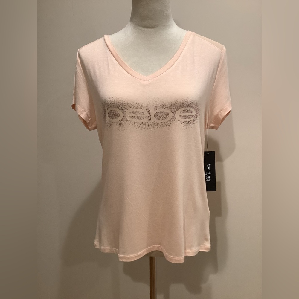 Bebe Sport Champagne Foil Spray V-Neck Top Size M, NWT